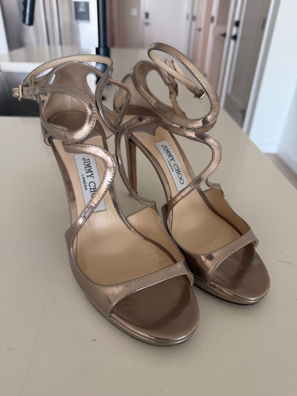 Jimmy Choo Ballet Pink Liquid Mirror Leather Sandals - Picture 9 of 9